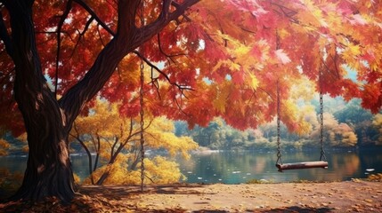 Autumn colorful bright leaves swinging in a tree in autumnal park