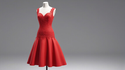 A classic red dress with a fitted bodice and flared skirt, displayed on a dress form, exuding confidence and style, Generative AI