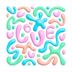 3d effect abstract illustration. Word LOVE with blobs, hearts, doodles, blots, groovy bold lines, spots, wavy stripes, squiggles inscribed in a square. Organic, fluid shapes. Editable colors.