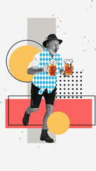 Emotional elderly man in traditional German clothes running with two mugs of foamy lager beer on abstract background. Contemporary art collage. Concept of Oktoberfest, beer, festival. Creative design