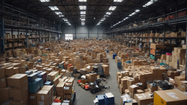 A cluttered warehouse with miscellaneous items scattered around, giving a sense of organized chaos, and a team working to sort through, Generative AI