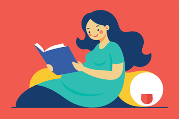 A pregnant girl sits on a bed by the window at night and reads a book.  A small toy is lying on the bed. The scene conveys a cozy and peaceful atmosphere.