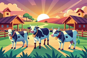 Obraz premium Rural scene at dawn or dusk with bright colors. Three cows can be seen in the foreground. Each of them has bells hanging around their necks. Behind them is a fenced pasture and several houses 