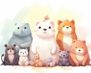 Naklejka premium Cute cartoon animals doing yoga, Childlike, Pastel shades, Digital painting, Playful and relaxingwhite background,