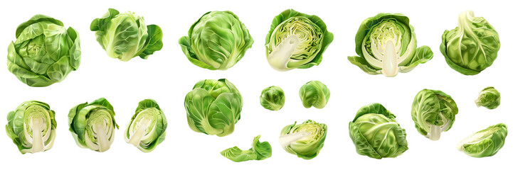 Fototapeta premium Brussels sprouts isolated. Broccoli on white. Whole, half, slice, cut broccoli set.