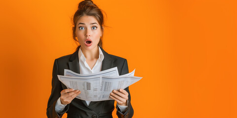 Beautiful businesswoman dressed in a business suit. She is holding a large number of invoices and showing an expression of shock with a bright orange background