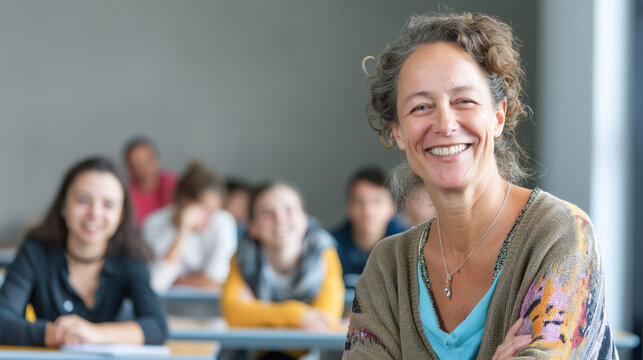 An older female instructor stands at the front of a seminar room with students blurred in the background, indicating learning in progress