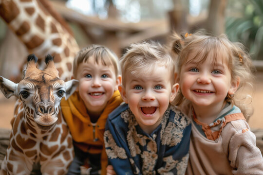Group of adorable young boys and girls looking excited as they visit a zoo for the first time, photo taken at the zoo, concept of childhood experiences