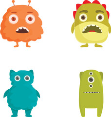 Collection of adorable, colorful cartoon monster characters isolated on white background
