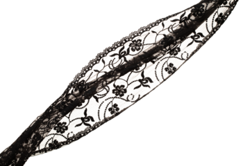 Black lace fabric flying in curve shape, Piece of textile black lace fabric throw fall in air. White background isolated, dark shading environment