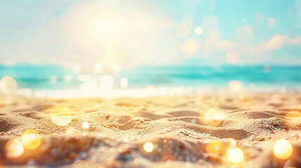 Obraz premium Pure relaxation at a sun-kissed summer beach with bokeh lights under a tranquil sky,
