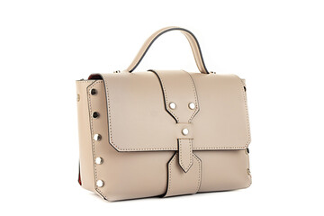 beige leather bag isolated on white background. minimalist purse ,handbag