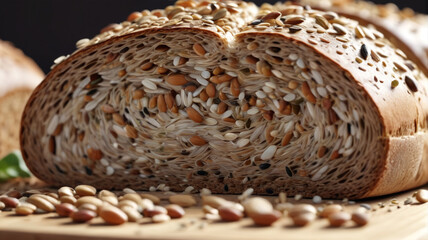 Nutrient-dense whole grain bread, dense with seeds and grains, freshly baked in a cozy artisanal bakery, Generative AI