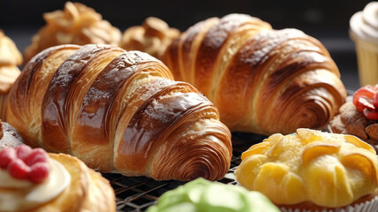 Bakery display: artisanal bread, buttery croissants, colorful cupcakes, inviting customers to indulge in sweet delights, Generative AI