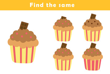 Find same picture worksheet for kids. Worksheet for kids kindergarten, preschool and school age. Education game for children with cute cupcake illustration.