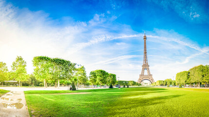 Paris Eiffel Tower over green grass lane in Paris, France. Web banner format. Eiffel Tower is one of the most iconic landmarks of Paris with sunshine