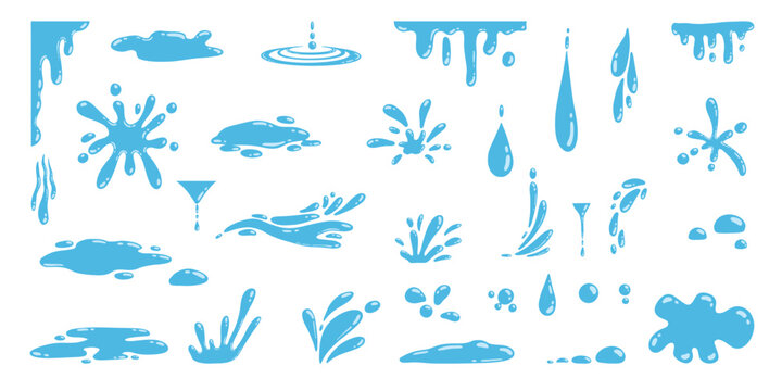 Cartoon blue dripping water drops, splashes, sprays and tears. Liquid flow, wave, stream and puddles. Nature water motion shapes vector set. Illustration of rain water drop, liquid splash
