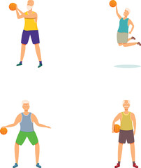 Illustration set of an active elderly man playing basketball in various poses