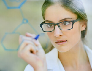 Glass wall, research and scientist in laboratory writing formula with molecule for vaccine...