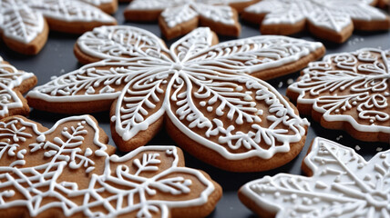 Crunchy gingerbread cookies decorated with intricate patterns of royal icing, a festive delight for holiday gatherings, Generative AI