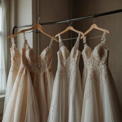 Wedding dresses hanging on hanger in bridal shop boutique