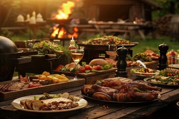 Obraz premium A lavish outdoor dining table set with grilled meats, vegetables, and drinks under the warm evening glow, perfect for a summer feast.