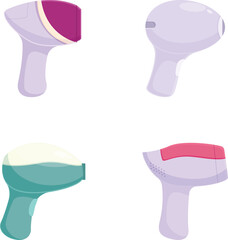 Vector illustration of four colorful, stylized hair dryers in various designs, isolated on a white background