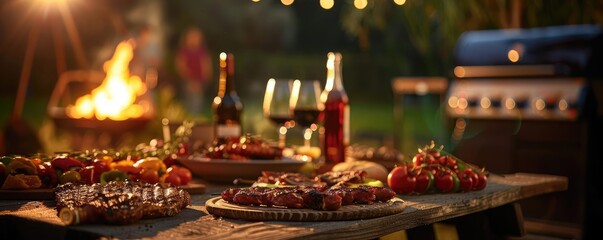Outdoor barbecue with delicious grilled food and refreshing drinks set on a wooden table, creating a cozy evening atmosphere.