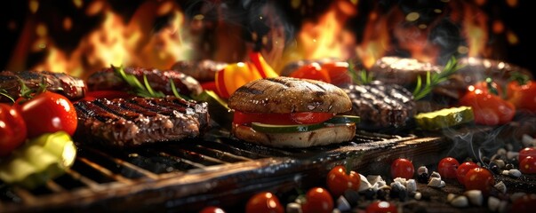 Delicious grilled meats and vegetables on a barbecue grill with flames in the background, perfect for summer cooking inspiration.