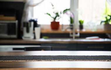 blurred kitchen interior  and desk space