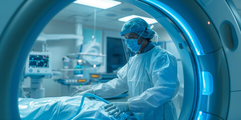 A surgeon in protective gear operates an MRI scanner with a patient lying inside the machine