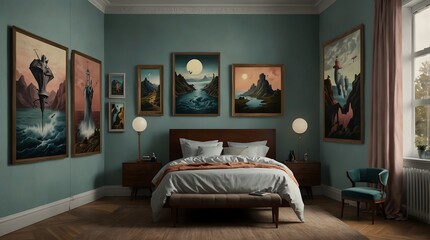 The surreal scenes depicted in a collection of surrealist paintings hung on a bedroom wall ai_generated