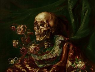 Surreal art fantasy scene secret mysterious garden of flowers and plants, peonies, tulips, roses, orchids, fruits. Baroque, renaissance style, rich colors, dramatic lighting, oil painting illustration