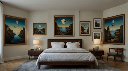 The surreal scenes depicted in a collection of surrealist paintings hung on a bedroom wall ai_generated