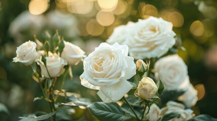 Blossoming white roses in a garden