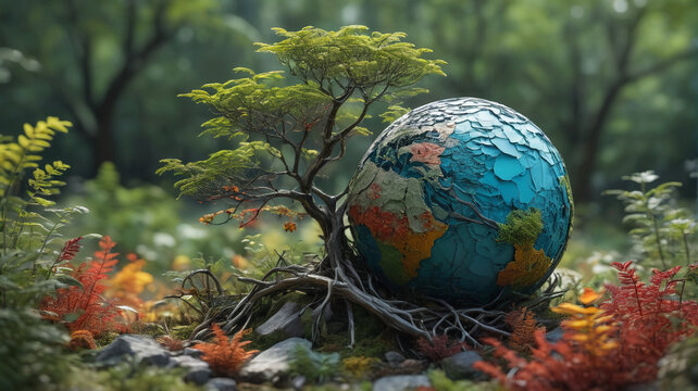 Sculpture symbolizing the fragile balance of ecosystems, threatened by the destabilizing effects of climate change, Generative AI