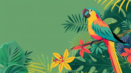 Vibrant parrot perched on a branch in a lush tropical rainforest with green leaves and colorful flowers.
