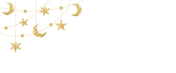 Ramadan or Al-Adha traditional decoration. Garland with hanging crescents and stars. Golden glitter ornaments. Muslim holidays corner frame. Transparent background can be removed in vector file