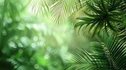 Lush green palm leaves against a blurred background.