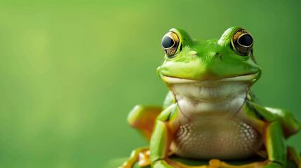 A cute green frog is sitting on a leaf. The frog has big, round eyes and a wide smile. It is looking at the camera.