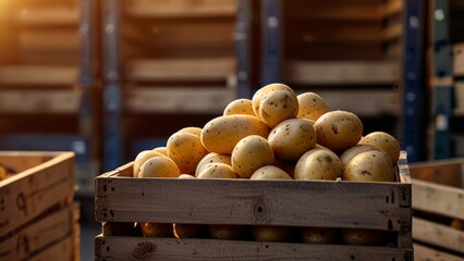 Ripe potatoes stored in wooden crates at warehouse with blurred background and space for text, close up