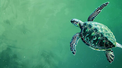 This is an image of a green sea turtle swimming in the ocean. The turtle is in the foreground and is facing the left of the frame.