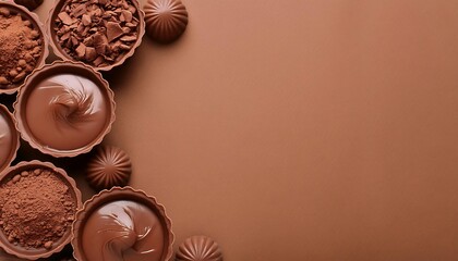 The background displays various chocolate preparations as sweet foods, there is a place for text in the middle. wallpaper, product, for advertising. poster