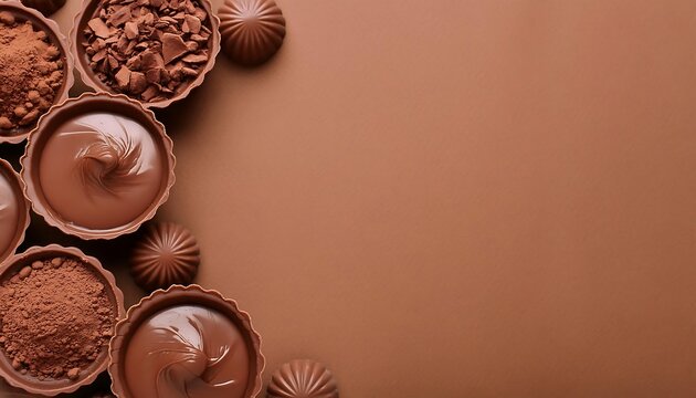 The background displays various chocolate preparations as sweet foods, there is a place for text in the middle. wallpaper, product, for advertising. poster