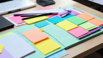 Obraz premium Highlighters, sticky notes, and index cards organized on a student's workspace, facilitating effective studying and note-taking, Generative AI