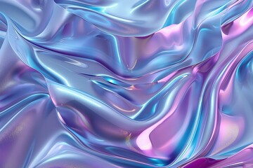 Fototapeta premium Abstract pink purple liquid metal background. Holographic chrome smooth gradient waves industrial backdrop. Shining bent surface with ripples, reflections. Swirl blue fluid melting wavy flowing motion