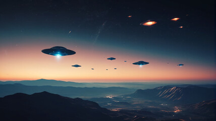 An eerie scene of UFOs descending from the sky, casting a shadow of fear and panic over the earth, Generative AI