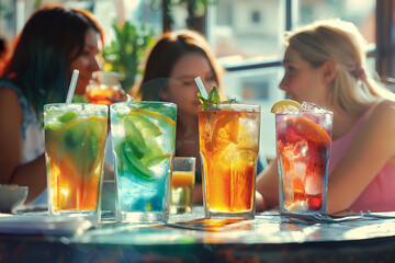 Three women enjoy refreshing iced teas at a sunny outdoor cafe, engaging in lively conversation. Hot summer day, vibrant drinks, perfect for lifestyle or social gathering promotions