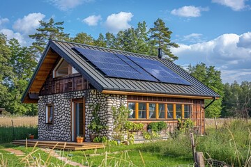 A quaint rural house nestled amidst lush greenery, its roof adorned with solar panels, blending harmoniously with the serene natural surroundings.