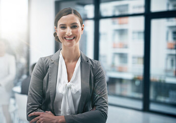 Business, woman and portrait in office with confidence for corporate career, job and management position for company. Girl, arms crossed and professional with happiness for legal advice and advocacy.